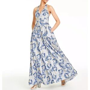 Metallic Floral Brocade Halter Gown
